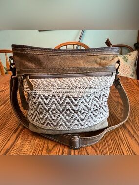 Myra Bag Genuine Leather Canvas Diamond Crossbody Shoulder Bag Boho